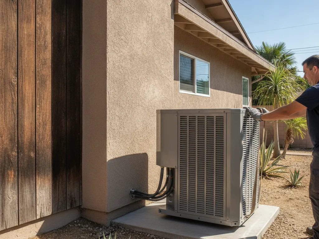 A new outdoor condenser being set on a pad
