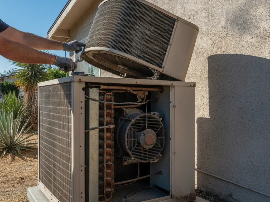 An outdoor air conditioning condenser being opened for diagnosis