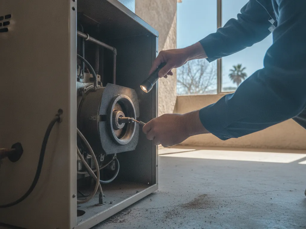 A technician inspecting a gas heater burner