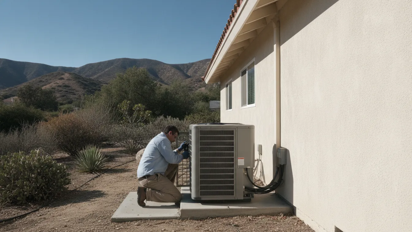 A technician servicing an outdoor air conditioning unit beside a single-story ranch house